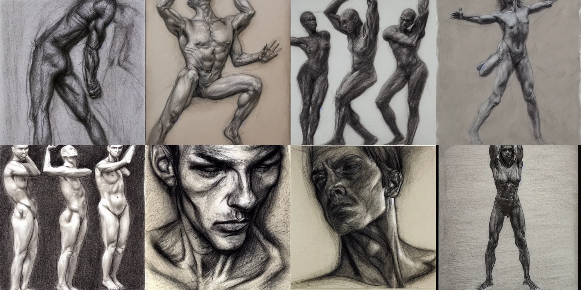 Prompt: human gesture drawings, charcoal sketch, realistic paper texture, glenn vilppu, steve huston
