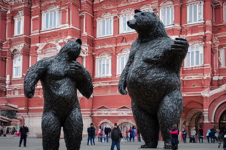 Image similar to a gigantic statue of bear holding a bottle of vodka in the middle of the red square, symmetry, awesome exposition, very detailed, highly accurate, 8 k, professional lighting diffracted lightrays, sense of awe