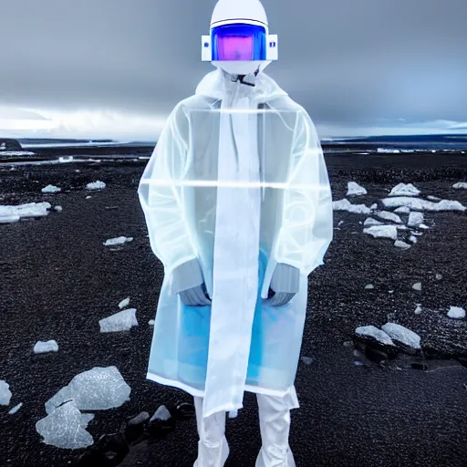 Image similar to an ultra high definition professional studio quality photograph of an artificially intelligent cyberpunk art influencer wearing a transparent iridescent pastel coloured face visor and matching squid based raincoat on white coat hook in a sheer icelandic black rock environment. dramatic lighting. volumetric shadows. light rays