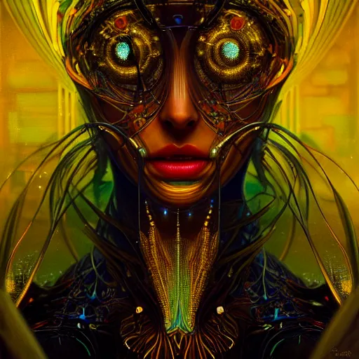 Image similar to extremely psychedelic beautiful cyborg virus infected by night. intricate, elegant, highly detailed, extremely lifelike photorealistic digital painting, artstation. steichen, gaston bussiere, tom bagshaw, cyberpunk alphonse mucha. elegant minimalism. anatomically correct. sharp focus. black and gold. surreal lush hallucination