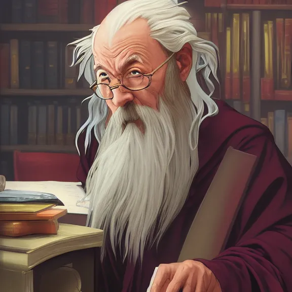 Prompt: fantasy portrait of a old wizard procrastinating at his desk!!, wizard robes, in the style of ryan jia, highly detailed. smooth, sharp focus, soft lighting, illstration by ilya kuvshinov and katsura masakazu and alphonse mucha, 8 k