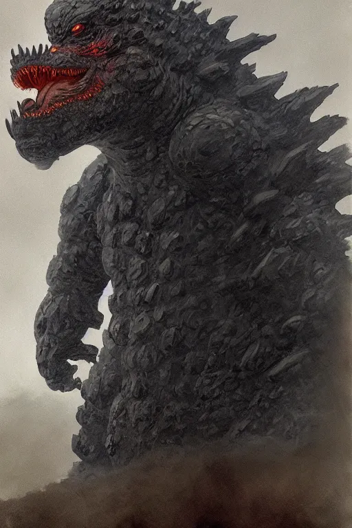 Prompt: character portrait of godzilla, good value control, matte painting, digital painting, john singer sargent