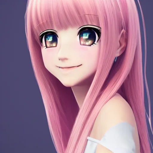 Prompt: Render of Nikki from Shining Nikki Dress-Up Game, a cute 3D anime young woman, long light pink hair, full bangs, full round face, hazel amber eyes, pale skin, Chinese heritage, smiling softly, wearing casual clothing, interior lighting, cozy home background, medium shot, mid-shot, hyperdetailed, trending on Artstation, Unreal Engine 4k