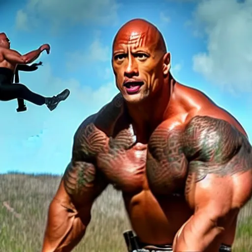 prompthunt: Dwayne Johnson doing his eyebrow face towards the camera