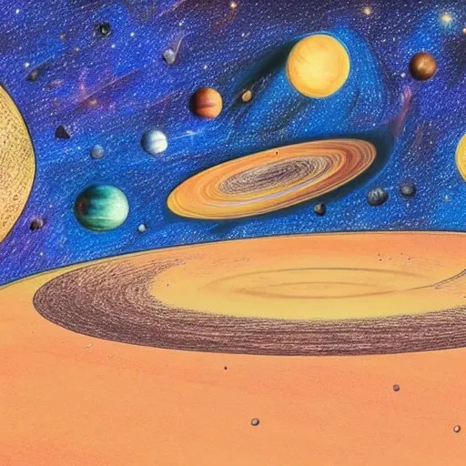 Image similar to Accurate and realistic representation of two colliding planets. Incredible. Epic composition. Harmonic colored disposition, expertly blended and shaded. HD. 8k. 4.k HQ. UHD . Colored pencils and color inks on two joined sheets of paper