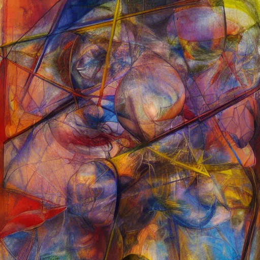 Prompt: dismal phthalo, astrophotography by jenny saville, by raymond duchamp - villon. mixed media art. a colorful abstract composition. it is made up of geometric shapes & lines in various colors. the shapes appear to be floating in space & the colors are very bright & vibrant.