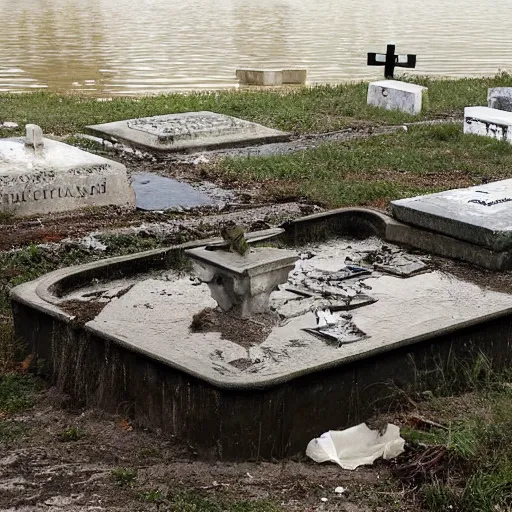 Image similar to The installation art shows a grave that has been flooded with water. The grave is located in a cemetery in Italy. The water in the grave is dirty and there is trash floating in it. The grave is surrounded by a fence. by Nikolai Ge, by Joe Quesada rigorous