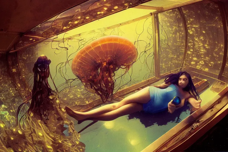 Prompt: high-angle view of a Ukrainian lush female jellyfish human hybrid wearing vacuum tube amp roman armor and transparent amber neck guard with transparent digital number readout floating in front of face, sitting inside of an submerged 1970s bungalow cabin with sunken floor and infinity mirror table, submersible vessel seamlessly rising through floor, soviet computer console on wall, ektachrome color photograph, volumetric lighting, off-camera flash, 24mm f8 aperture