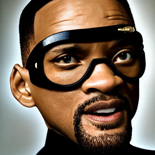 Prompt: will smith wearing big steampunk googles, colored photo by gustave baumann