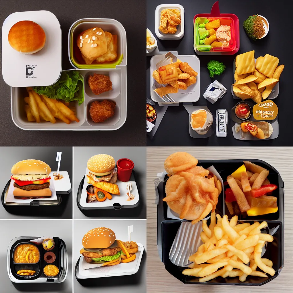 Prompt: the cube combo meal, now at mcdonalds, food photography