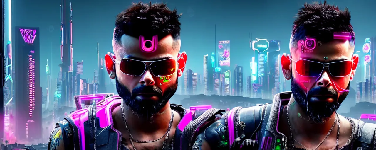 Prompt: Virat Kholi, in CyberPunk 2077, as a cyberpunk dystopia, 4k highly detailed digital art 4k highly detailed digital art