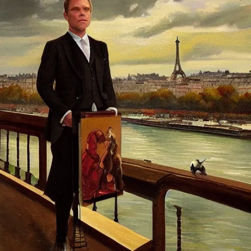 Image similar to mcgregor is dressed as a gentleman at early 2 0 th century paris. he is watching an easel. that easel has a canvas on it. ewan mcgregor has a brush on his hand. he is painting a painting. there is a small brown cat with yellow eyes on ewan mcgregors feet. on background has river seine, morning sun, dark clouds, lightning, matte painting