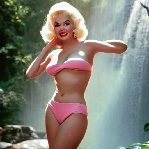 Image similar to a very beautiful award winning kodachrome of jayne mansfield under a tropical waterfall, full body, pale pink bikini, pink lipstick, detailed face, cinematic lightning, golden hour, medium shot, dslr, cryengine, raytracing, 4 k, cinematic wallpaper by gil elvgren, robert maguire, rudolf belarski
