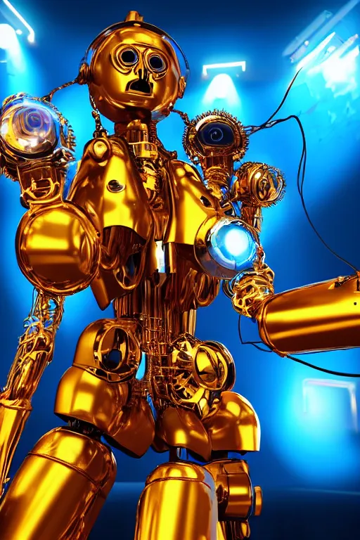 Prompt: portrait photo of a giant huge golden and blue metal humanoid steampunk robot female singer with headphones and gears and tubes, in the foreground is a big red glowing microphone, eyes are glowing red lightbulbs, shiny crisp finish, 3 d render, 8 k, insaneley detailed, fluorescent colors, background is multicolored lasershow