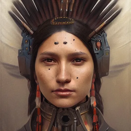 Image similar to A native american Ruler, robot, techwear, artists portrait, futuristic, fantasy, highly detailed, digital painting, concept art, sharp focus, depth of field blur, illustration, art by artgerm and greg rutkowski and alphonse mucha