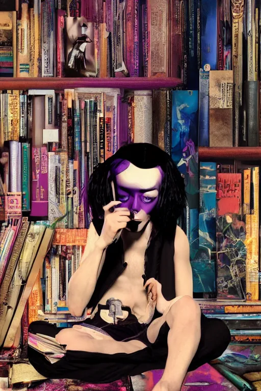 Prompt: goth guy sitting on the floor of a cluttered 9 0 s bedroom reading a book by rolf armstrong, vaporwave colors, lo - fi, 4 k, hd,