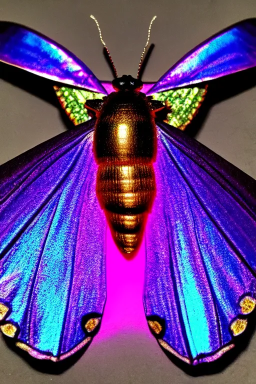 Image similar to high quality close-up photo gothic iridescent moth! jewelled gorgeous! highly detailed david ligare elson peter cinematic yellow neon lighting high quality low angle hd 8k sharp shallow depth of field