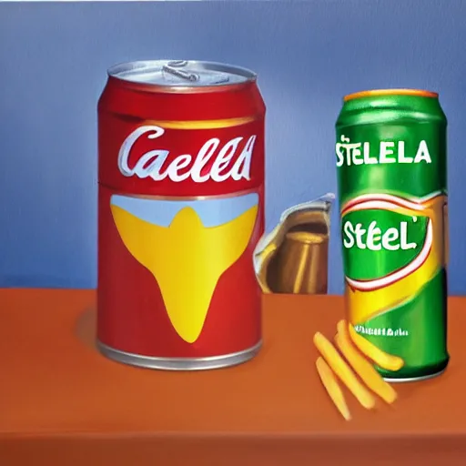 Image similar to realistic painting of a still life with can of stella and happy meal