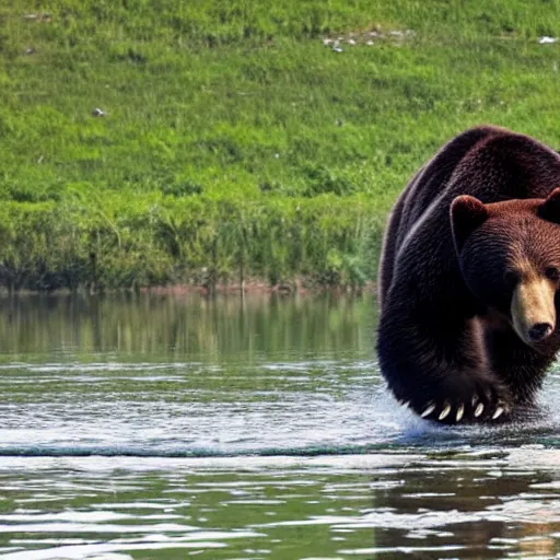 Image similar to a bear chugging a bear by a lake