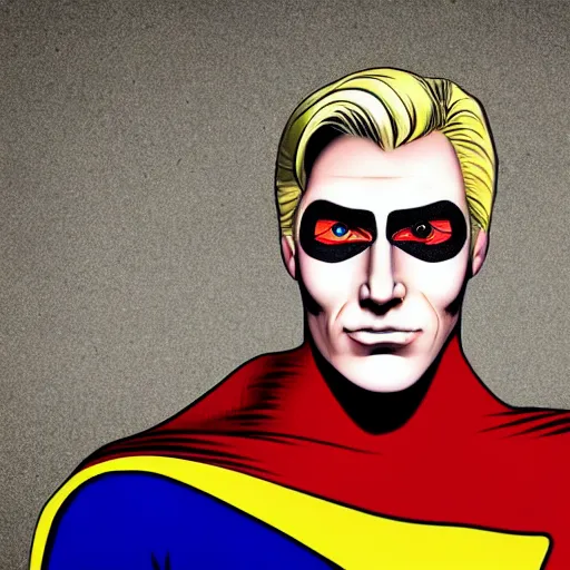 Image similar to portrait of a evil blonde superman with blonde hair he is blinde and thin face lines, his cape is the american flag, he is angry