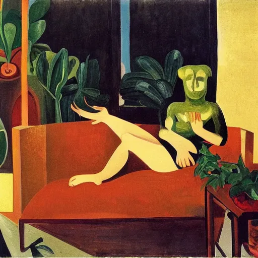 Prompt: A cozy, warm living room, bathed in golden light, with many tropical plants and succulents, a figure is resting on an old couch, by André Derain