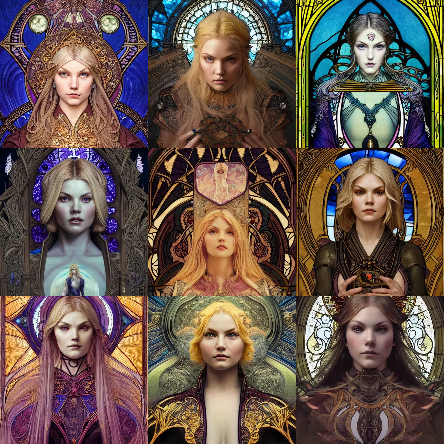 Prompt: masterpiece head-on symmetrical centered portrait, Elisha Cuthbert as a paladin, blonde hair, art nouveau, gothic stained glass style, tarot card style, elegant, distant, in the style of Edgar Maxence and Ross Tran and Zdzisław Beksiński and Michael Whelan and Mucha and Gustave Doré, specular highlights, 8k, octane render