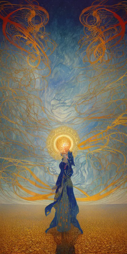 Image similar to breathtaking digital painting of a storm pierced with swords of light, in golden clouds in a desert castle, strokes of mist and scarlet ribbons, art nouveau style, by casimir art, gustav klimt and alfons mucha, anato finnstark and kelogsloops, elegant, highly detailed, artstation, concept art, matte, sharp focus