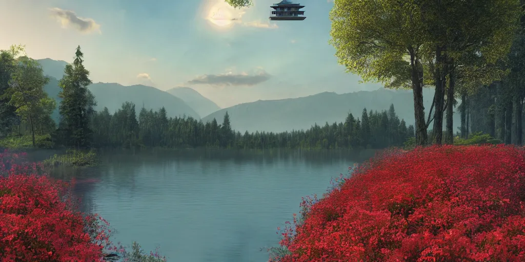 Image similar to a serene landscape with a singular building near a lake at sunrise, forest, mountains, clouds in the sky, concept art, octane render, unreal engine 5, trending on DeviantArt, highly detailed, high quality, 4K, low contrast, path traced, godrays, bloom, Ferdinand Knab, beautiful landscape, red flowers, trending on Artstation, soft lighting, hyperrealistic, digital art