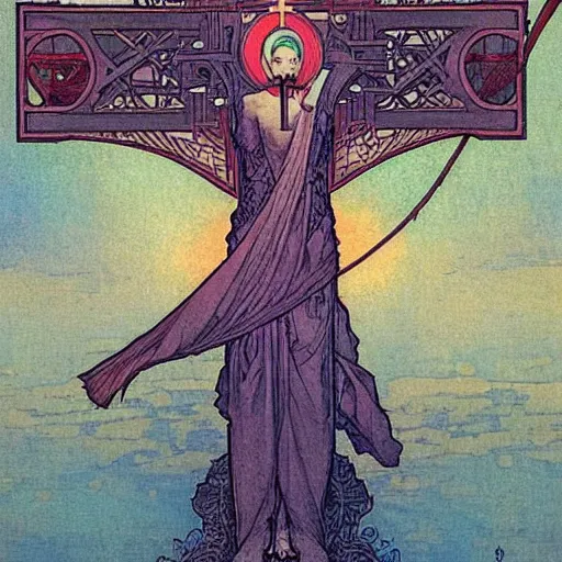 Image similar to a spiritual cross on top of a holy mountain, holy geometry, Mucha, Moebius, Mohrbacher