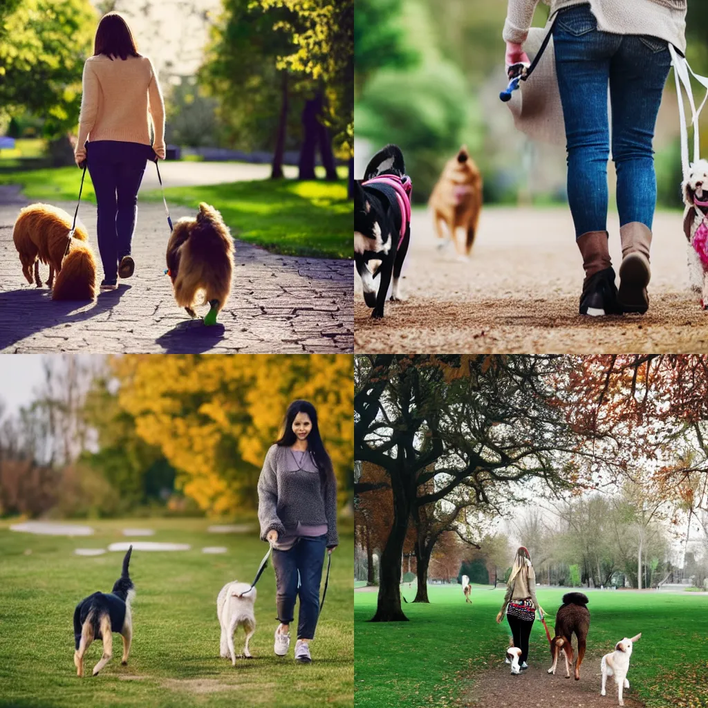 Prompt: woman walking dogs in park