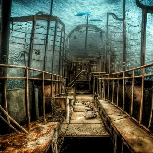 Prompt: abandoned rusty underwater theme park, surreal, horror, eerie, creepy, murky water, underwater, underwater photography, dark, submechanophobia, distant shark,