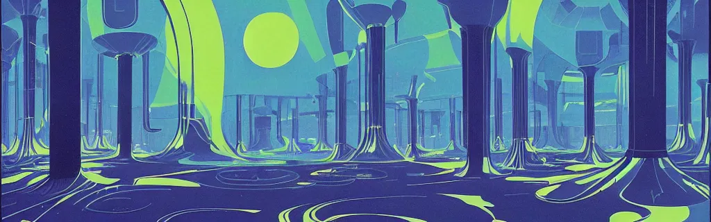 Image similar to 7 0 s sci - fi space station interior, retrofuturism, gouache, trees, animated film, stylised, illustration, by eyvind earle, scott wills, genndy tartakovski