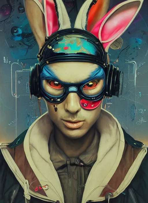 Prompt: beautiful portrait of Lofi cyberpunk Bugs Bunny, by Tristan Eaton, Stanley Artgermm, Tom Bagshaw, Greg Rutkowski, Carne Griffiths. trending on DeviantArt, face enhance, hyper detailed, trending on Artstation, 8k, masterpiece, graffiti paint, fine detail, full of color, intricate detail, golden ratio illustration