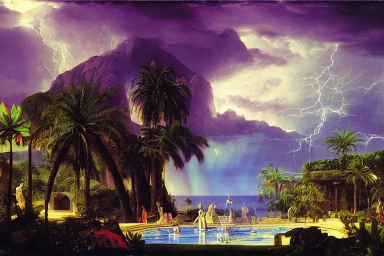 Image similar to Palace of the occult, refracted sparkles, thunderstorm, greek pool, beach and Tropical vegetation on the background major arcana sky and occult symbols, by paul delaroche, hyperrealistic 4k uhd, award-winning, very detailed paradise