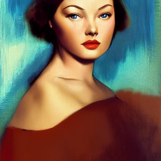Image similar to Edgar Degas painting of a young beautiful Gene Tierney color studio publicity photo , tight face shot portrait, highly detailed, digital painting, artstation, concept art, illustration, art ,