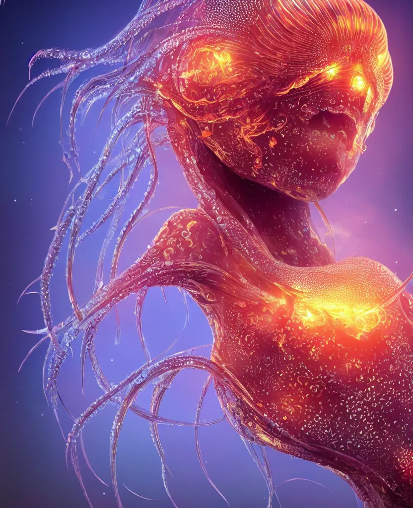 Image similar to close-up macro portrait of the face of a beautiful princess, epic angle and pose, symmetrical artwork, 3d with depth of field, blurred background, cybernetic jellyfish female face skull phoenix bird, translucent, nautilus, energy flows of water and fire. a highly detailed epic cinematic concept art CG render. made in Maya, Blender and Photoshop, octane render, excellent composition, cinematic dystopian brutalist atmosphere, dynamic dramatic cinematic lighting, aesthetic, very inspirational, arthouse. y Greg Rutkowski, Ilya Kuvshinov, WLOP, Stanley Artgerm Lau, Ruan Jia and Fenghua Zhong