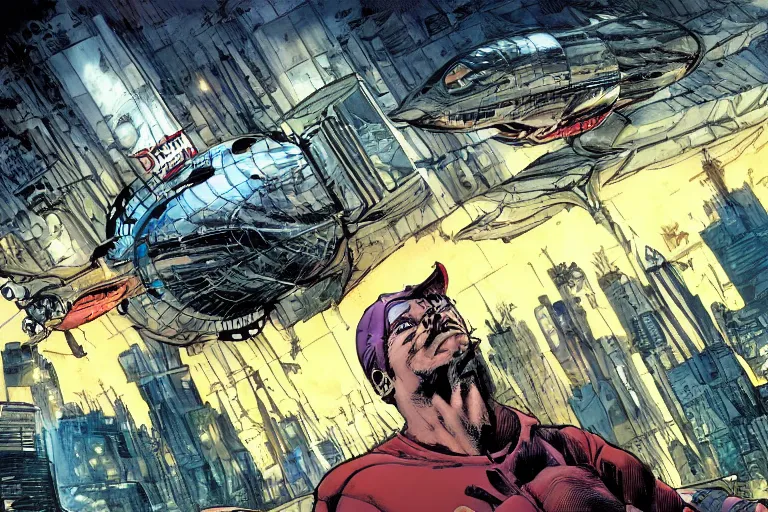 Prompt: city, science - fiction, dirigible, beautiful comic book, jim lee, neal adams, artstation.