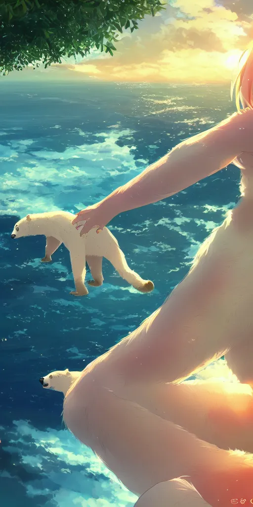 Image similar to A beautiful illustration of a polar bear, salmon, beautiful woman, wide angle, by makoto shinkai, Wu daozi, very detailed, deviantart, 4k vertical wallpaper, tropical, colorful, airy, anime illustration, anime nature wallpap