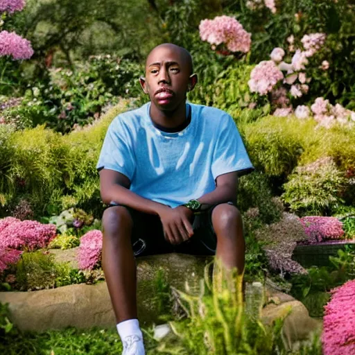Prompt: A photo of Tyler the Creator sitting in the middle of a garden, 8K concept art, dreamy, garden, bushes, flowers, golden hour, vintage camera, detailed, UHD realistic faces, award winning photography, cinematic lighting