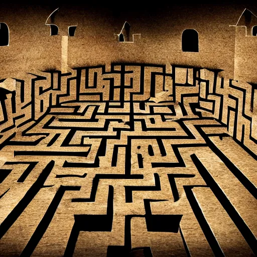 Prompt: a cardboard box that leads to a labyrinth that's bigger on the inside that out, people trapped inside looking for a way out, a castle in the background, 4k,