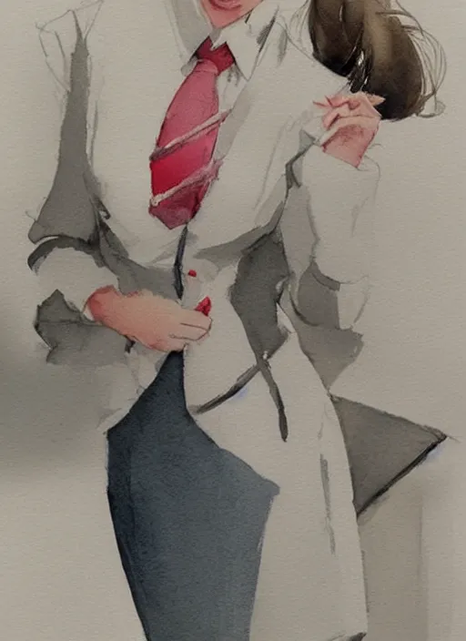 Image similar to concept art of a modern office life, young business woman, pencil miniskirt, pinterest, artstation trending, behance, watercolor, by coby whitmore, silver, laser light,