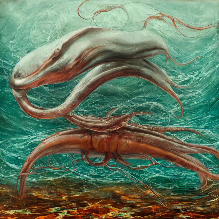 Image similar to Hyperrealistic intensely colored Studio wet collodion Photograph portrait of a deep sea Giant Squid battling Physeter Macrocephalus Whale deep underwater in darkness long exposure, award-winning nature deep sea expressionistic impasto heavy brushstrokes oil painting by Jenny Saville and Norman Rockwell and Audubon vivid colors hyperrealism 8k