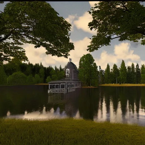 Image similar to Victorian mansion beside an inland lake in rural Maine, artstation, felix Kelly, Bob Ross