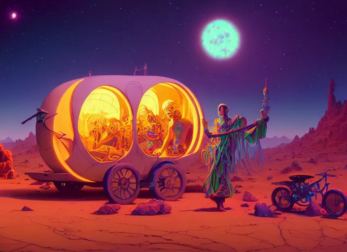 Image similar to a luminescent gypsy caravan by paolo eleuteri serpieri and tomer hanuka and chesley bonestell and daniel merriam and tomokazu matsuyama, unreal engine, high resolution render, featured on artstation, octane, 8 k, highly intricate details, vivid colors, vector illustration