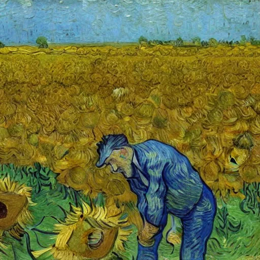 Image similar to An oil painting of Van Gogh is painting in a sunflower field, by Van Gogh