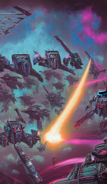 Prompt: Warp, Warpgate, Warhammer 40K, made of cotton candy, digitally painted by Tim Doyle, Kilian Eng and Thomas Kinkade, centered, uncropped