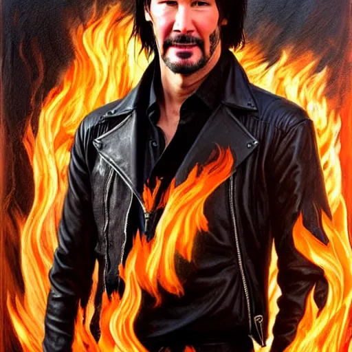 Image similar to handsome Keanu Reeves wearing a leather jacket on fire next to a flaming harley davidson, western, D&D, fantasy, intricate, elegant, highly detailed, digital painting, artstation, concept art, matte, sharp focus, illustration, art by Artgerm and Greg Rutkowski and Alphonse Mucha