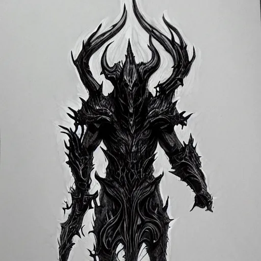 Image similar to full body grayscale drawing by Anato Finnstark of diablo lord of terror in 3/4 view, swirling flames