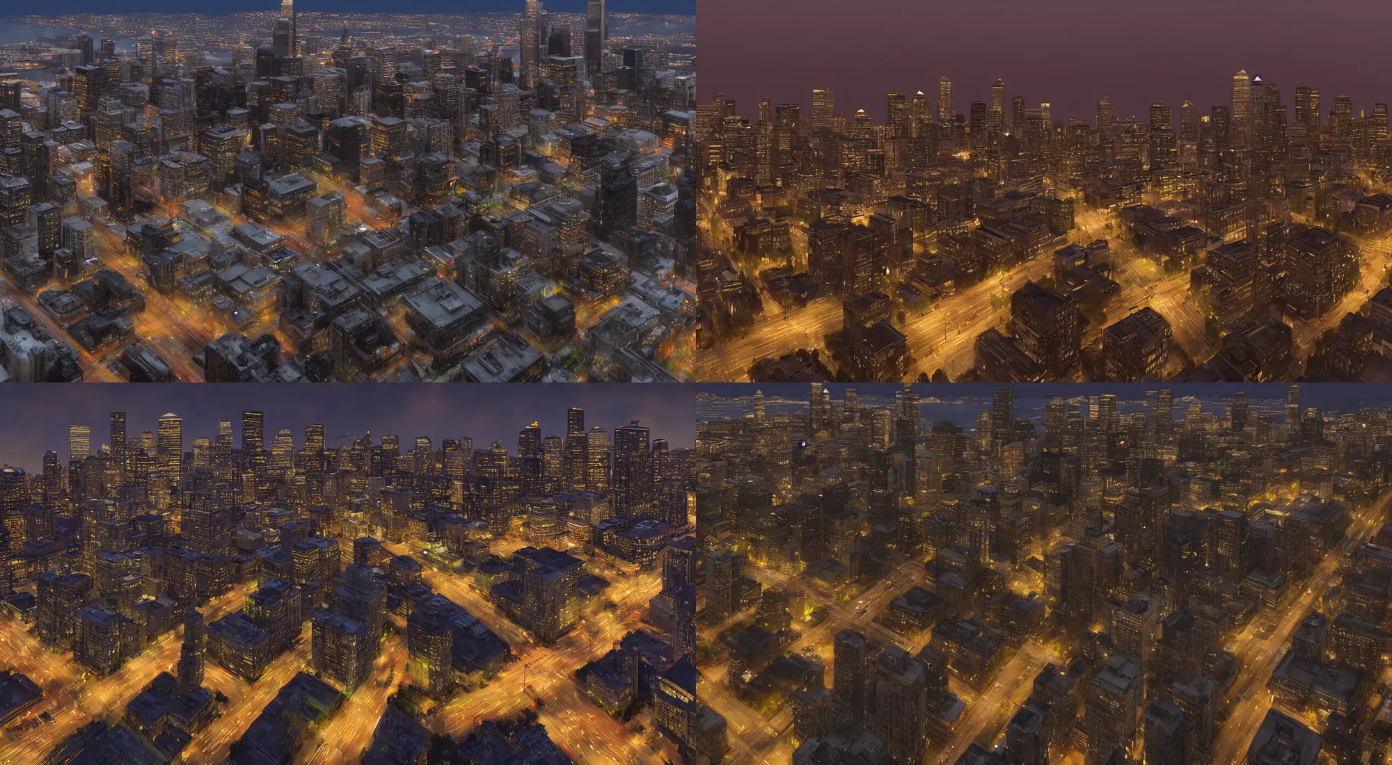 Prompt: matte painting of downtown Seattle at night, nostalgic, slight grey fog, atmospheric, highly-detailed, unreal engine