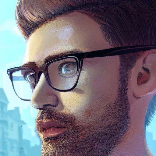 Prompt: Close-up portrait of an european man in his 30s, light brown hair and salt-and-pepper hair with a short beard, thick dark glasses, blue eyes, big nose, wearing a shirt, digital painting, 4k, rays of light, particles light, lois van baarle, ilya kuvshinov, rossdraws, artstation, landscape by Noah Bradley, pixel art